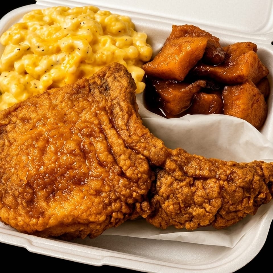 Fried chicken, macaroni and cheese, and candied yams in a white takeout container.