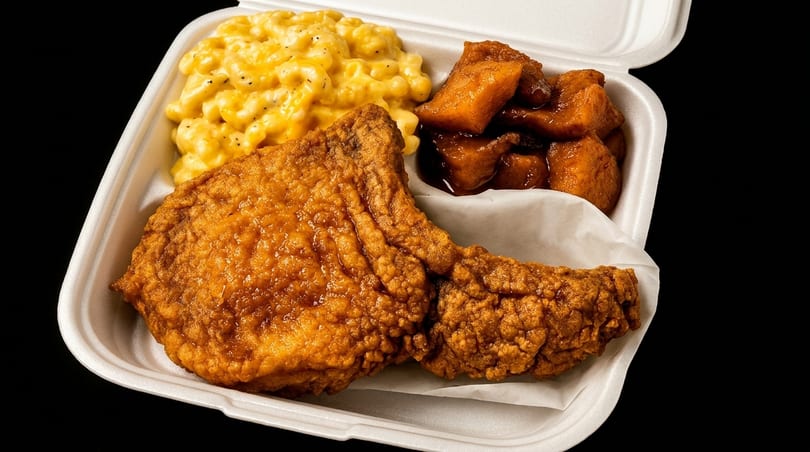 Fried chicken, macaroni and cheese, and candied yams in a white takeout container.