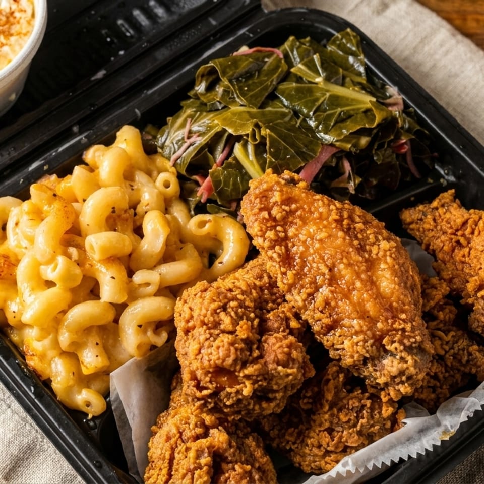 Fried chicken, macaroni and cheese, and collard greens in a black takeout container.