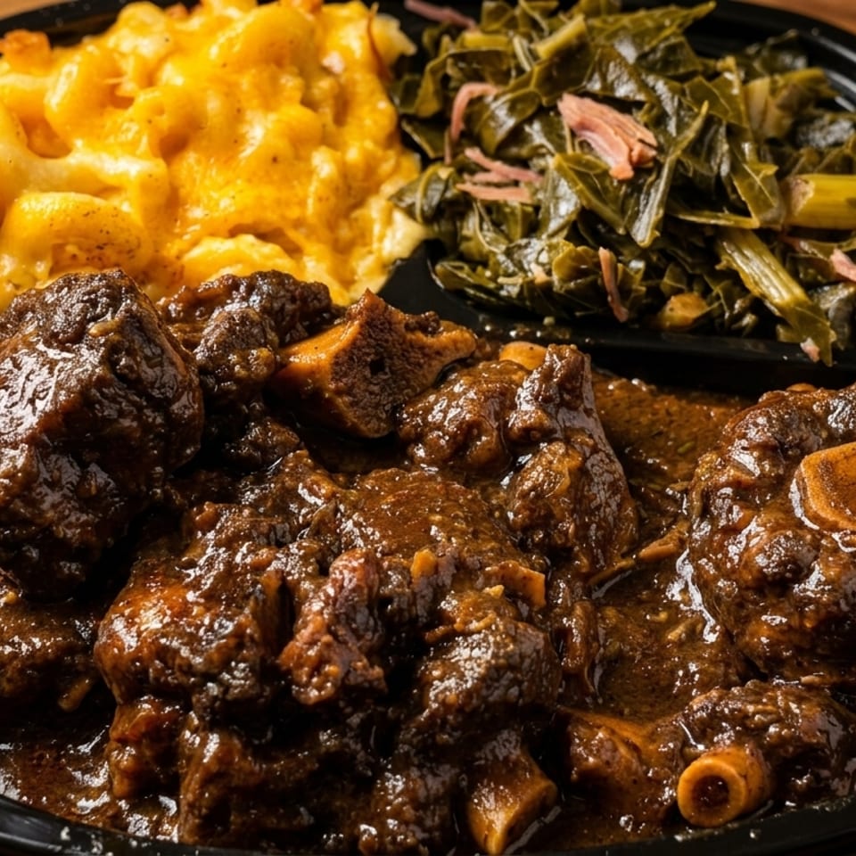 Oxtail with mac and cheese and collard greens in a black to-go container on a wooden table.