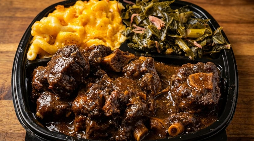 Oxtail with mac and cheese and collard greens in a black to-go container on a wooden table.