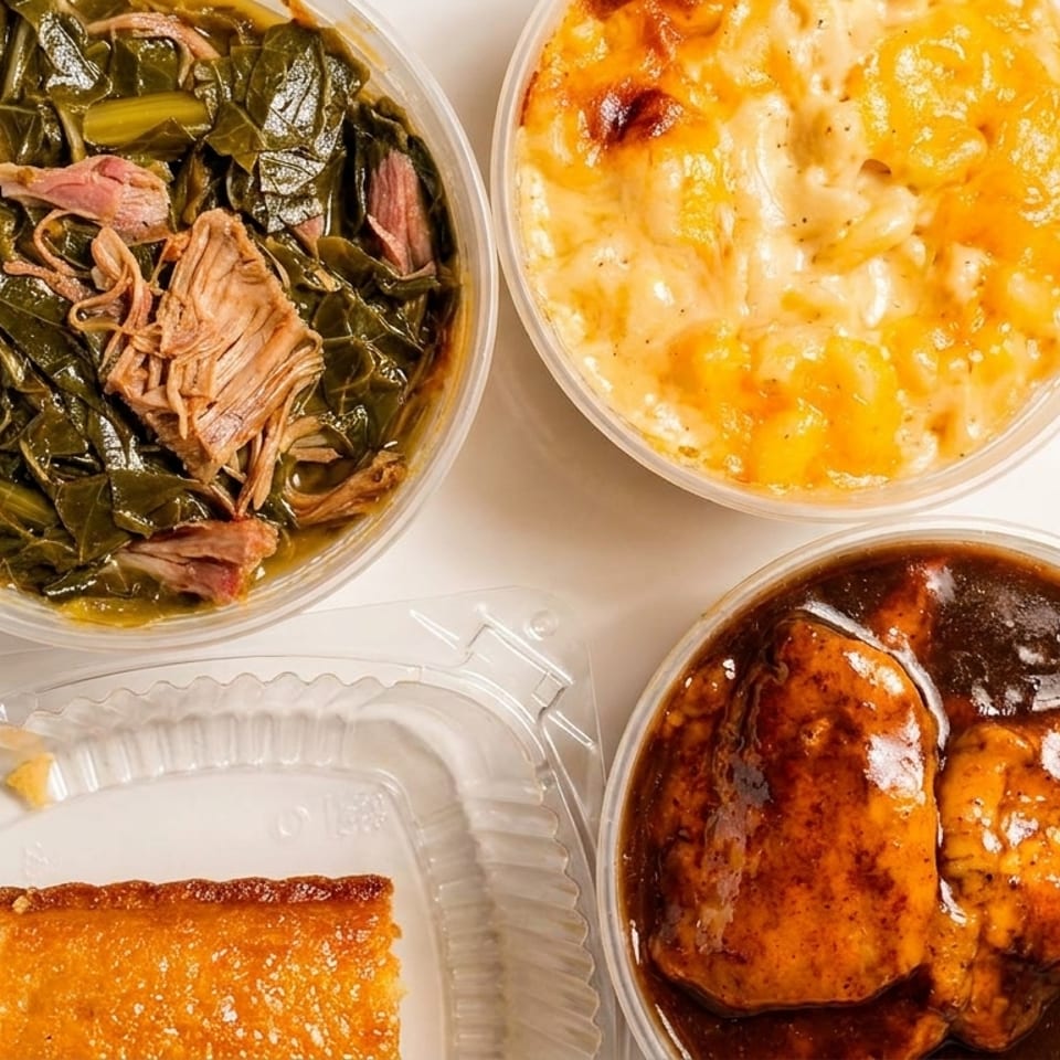 Four takeout containers filled with collard greens, mac and cheese, chicken with gravy, and cornbread.