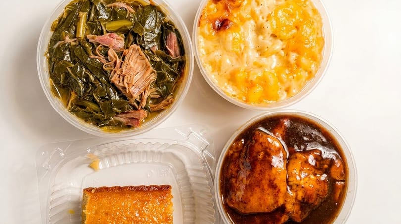 Four takeout containers filled with collard greens, mac and cheese, chicken with gravy, and cornbread.