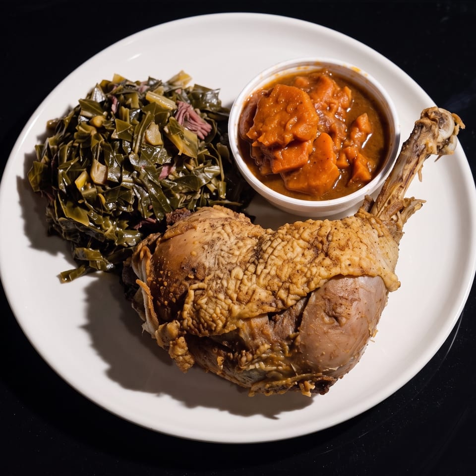 A plate of roasted duck leg, collard greens, and candied yams on a dark surface.
