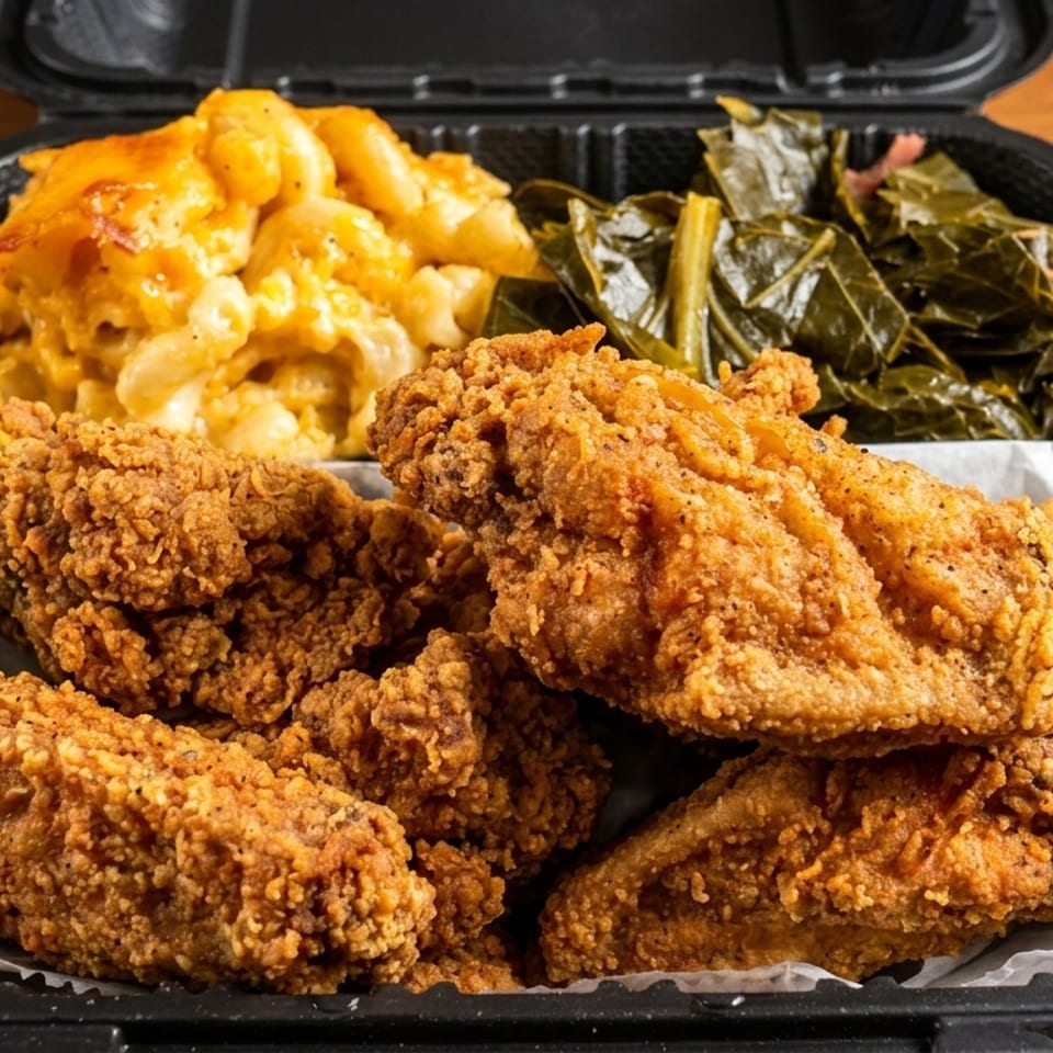 Fried chicken, macaroni and cheese, and collard greens in a black takeout container on a wooden table.
