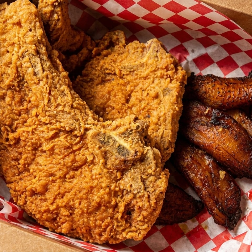 Crispy fried chicken and sweet plantains served in a cardboard box with red and white checkered paper.